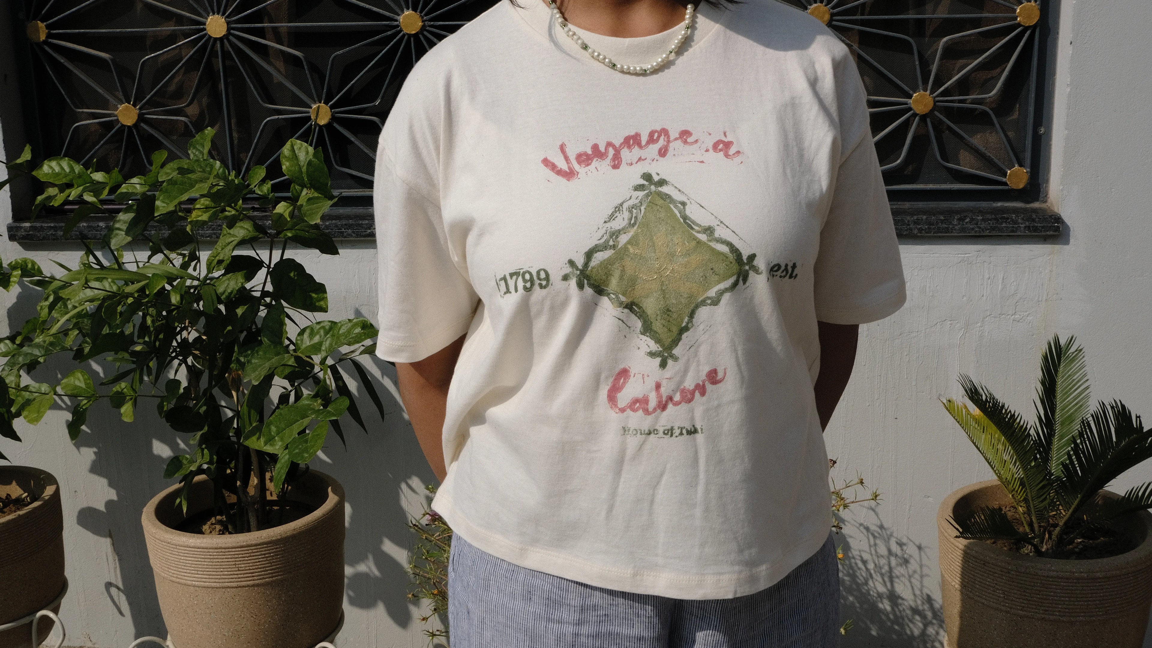 handprinted tshirt styled on girl in panjabi courtyard